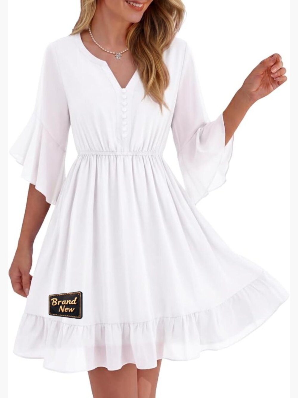 Women's Flowy Chiffon A-Line Dress 3/4 Sleeve Ruffle Hem Elastic Waist Knee